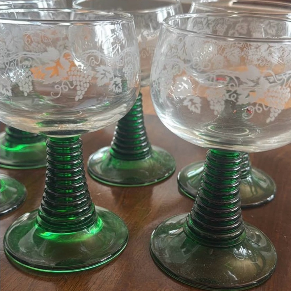 German etched Glass Goblets with Green Spiral Stems